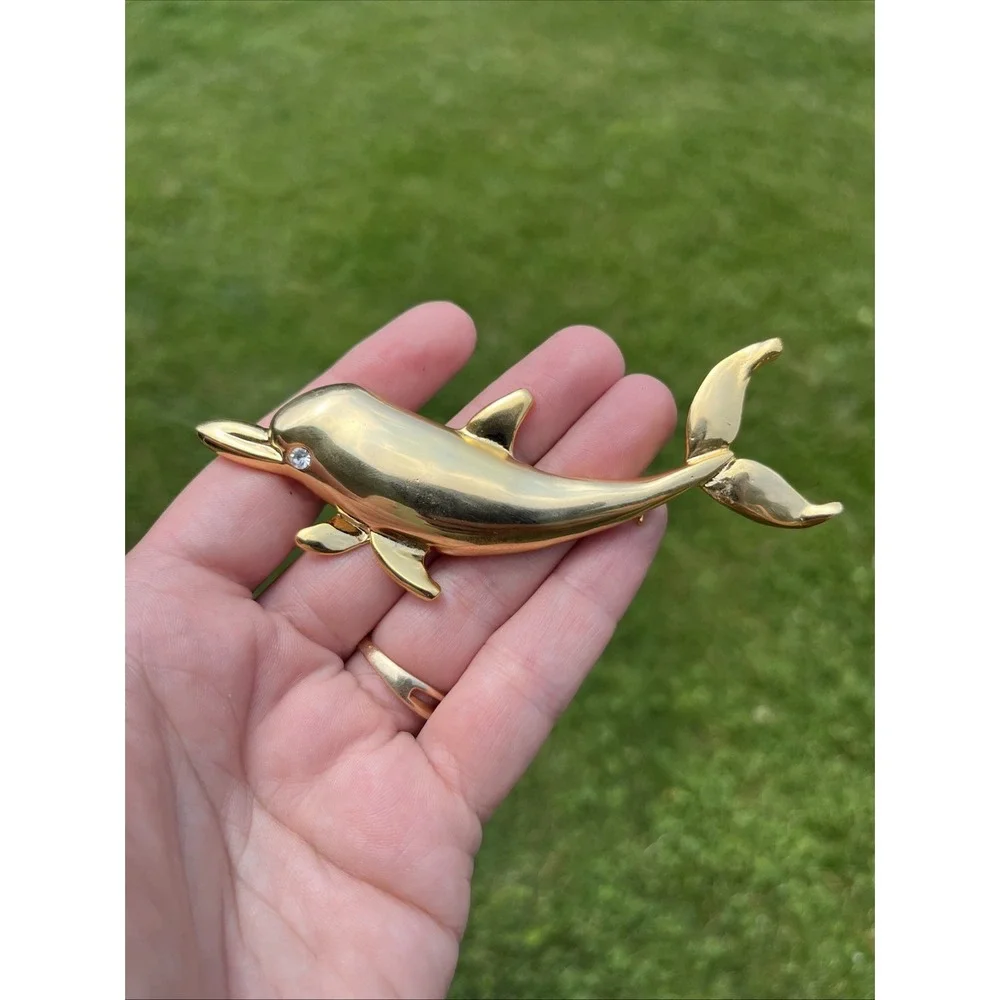 Gold-Tone Dolphin Pin w/ Faux Diamond Stone Eye Brooch Vtg‎ 4.25